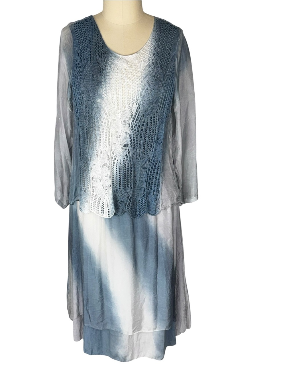 Made In Italy Lagenlook Dress Blue White Tie Dye Crochet Knit Artsy Coastal L